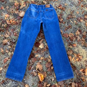 Pu&ograve; includere: Jeans blu in denim con un classico design a cinque tasche. I jeans hanno un taglio dritto e una toppa in pelle marrone con il nome del marchio sul retro. I jeans sono appoggiati su un letto di foglie secche ed erba.