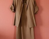 Vintage 1950s Linen Dress & Swing Jacket Set: Handmade Caramel Brown Suit (XS/Small)