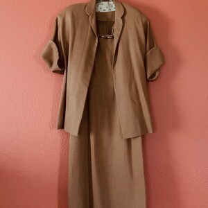 Vintage 1950’s Handmade Caramel Brown Linen Pencil Sheath Dress & Swing Jacket Set/ 50’s Wiggle Dress/ Pin Up Girl/ MCM/ Size XS/Small