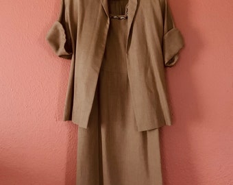 Vintage 1950’s Handmade Caramel Brown Linen Pencil Sheath Dress & Swing Jacket Set/ 50’s Wiggle Dress/ Pin Up Girl/ MCM/ Size XS/Small