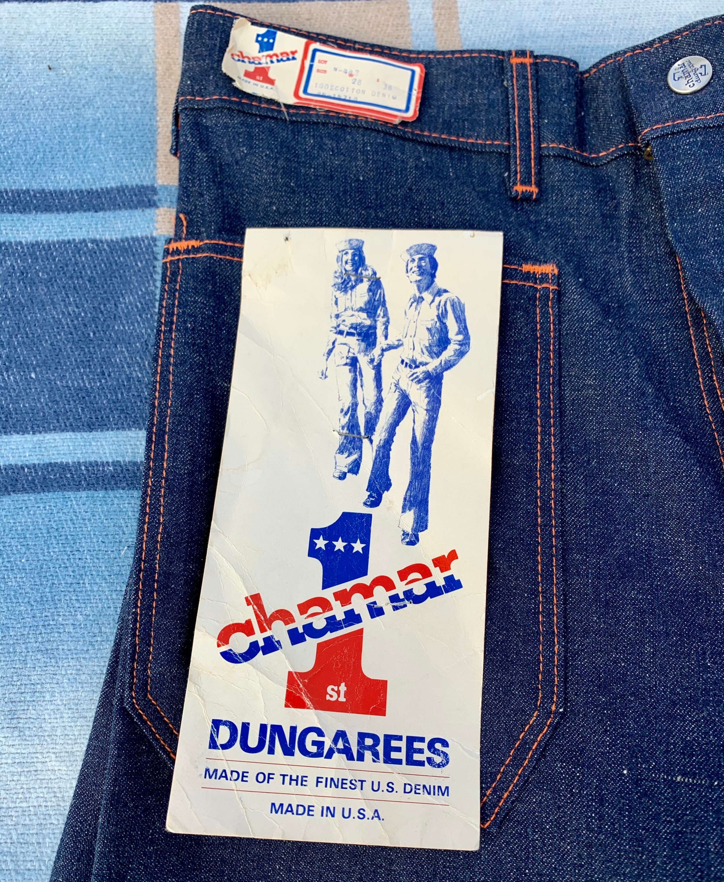 Vintage 1970’s New-Old-Stock Chamar All-Cotton Denim Bell-Bottom Jeans with  Tags/ 28x36/ Raw Denim/Made in USA