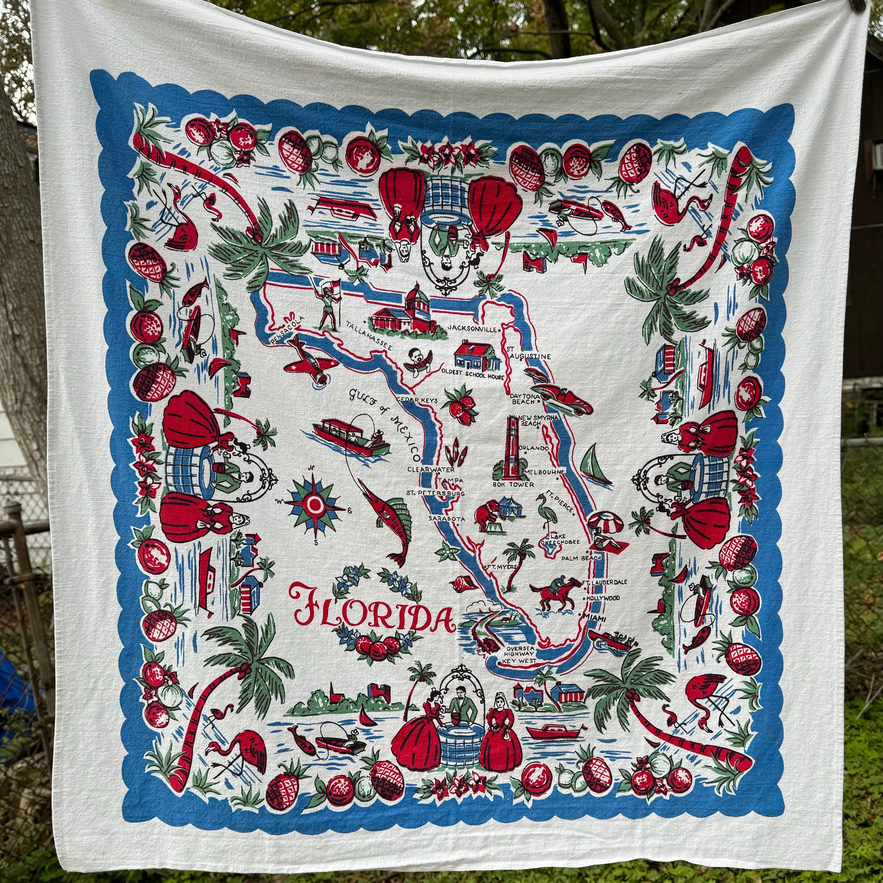 50s ビンテージ フロリダ州 マップ柄 テーブルクロス スーベニア Vintage 1940's/50's Florida Map Cotton Tablecloth/ 33x33/ Vintage
