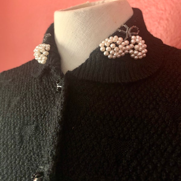 Vintage 1940’s/50’s Black Two-Piece Sweater & Skirt Set with Pearl and Cut Glass Beading/ 40’s/50’s Vintage Knitwear