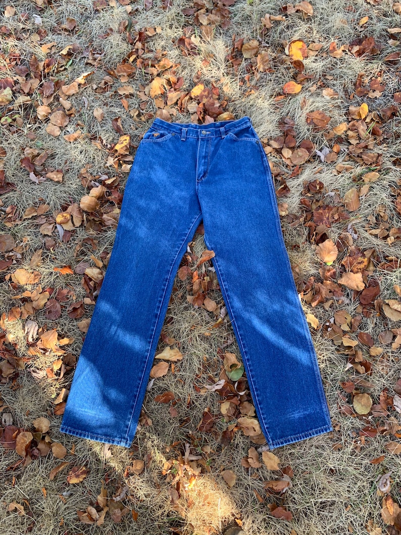 Pu&ograve; includere: Jeans blu in denim con un classico design a cinque tasche. I jeans hanno un taglio dritto e una chiusura con bottone e cerniera. Il denim &egrave; di media tonalit&agrave;, su un letto di foglie ed erba secche.