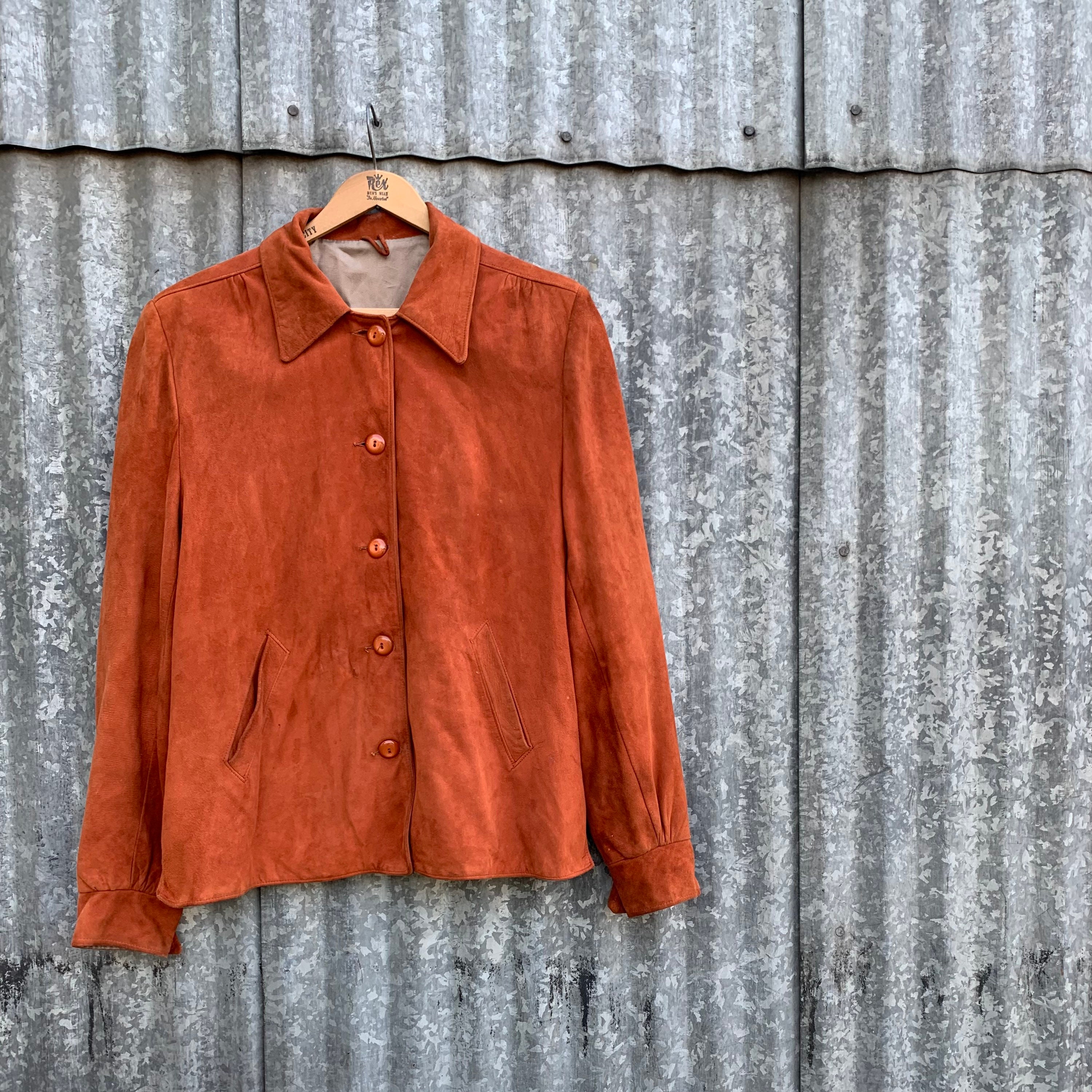 Real Vintage Search Engine Vintage 1940s Rusty Orange -Colored Chamois Leather Jacket with Bakelite Buttons Womens Size Large 40s Workwear $145.00 AT vintagedancer.com