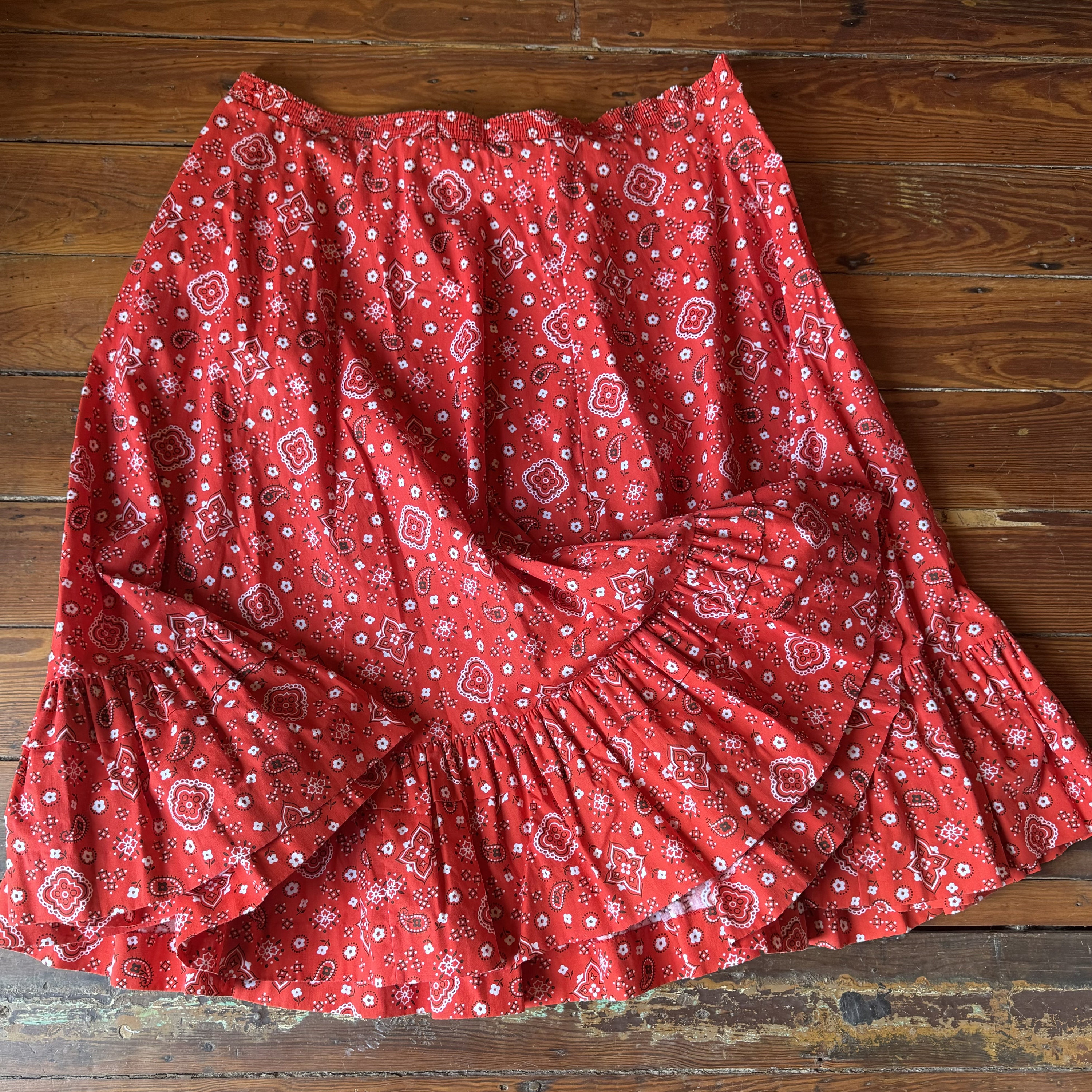 Vintage 1950s Rockmount Red Bandana Print Patio Skirt: Ruffled Hem, Plus Size 