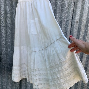 Antique Victorian White Cotton Petticoat with a Pocket, Ruffles, Pin tucks and Lace /Antique Petticoat/Size XS