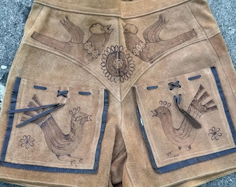 Vintage 70s Rawhide Leather Hot Pants: Handmade Mexican Hand-Burned Shorts