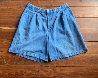 Bare Back Vintage 1980’s Lee Pleated Front Baggy All-Cotton Denim High Waisted Shorts Made in USA/ Vintage 16 Medium