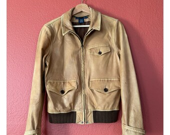 Vintage 1990’s Ralph Lauren Very Soft Light Caramel Colored Leather Bomber Jacket in Excellent Condition, Size Medium/ Ralph Lauren Jacket