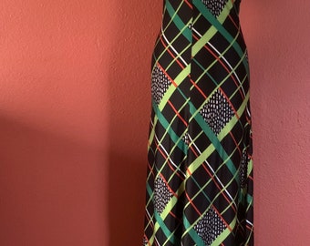 Vintage 1970’s Handmade Dark Plaid Empire Waist, Sleeveless Rayon Knit Maxi Dress/Size XS/ 70’s Maxi Dress