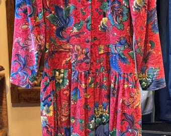 80s Floral Corduroy Midi Dress: Vintage Poppy Red Drop Waist