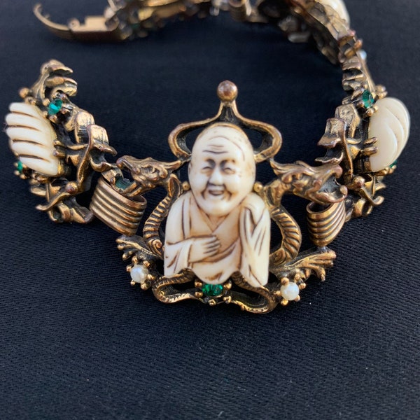 Vintage Selini by Selro 50’s/60’s Bracelet & Earrings Set w/ Buddha/ Vintage Designer Costume Jewelry