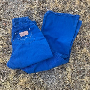 Rare Bright Blue Flared Vintage 1970’s  All-Cotton Denim Wrangler Jeans/Tag Size 15/16 /27x30, 13” Rise/ Made in USA / 70’s Wrangler Jeans