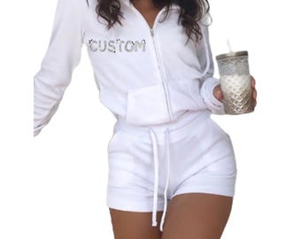 CUSTOM Bling Rhinestone Velour Tracksuit shorts, y2k Personalized Track suit Choose Your own words Phrase,  Bridal Tracksuit