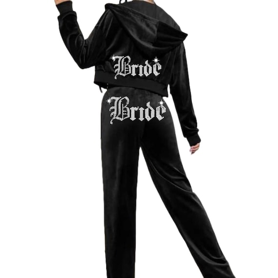 Bride Old English Bling Rhinestone Velour Tracksuit, Y2k Track