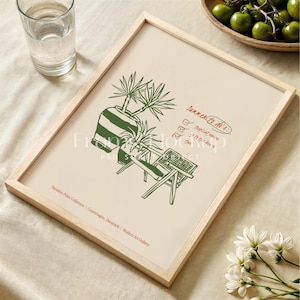Peut inclure: Une impression encadrée avec une illustration verte d'une plante en pot et d'une chaise. L'impression comporte une liste de "Summer to do's" avec des cases à cocher et du texte qui dit "tropical energy", "get to the beach", et "tan".