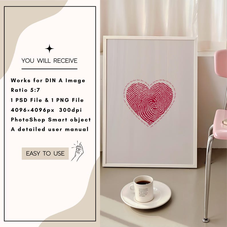 Puede incluir: Un marco blanco con un dise&ntilde;o de coraz&oacute;n de huella digital roja en su interior. El marco est&aacute; sobre una superficie marr&oacute;n claro con una taza de caf&eacute; blanca y un platillo blanco.