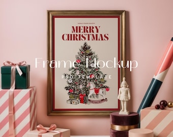 DIN A Retro Pink Christmas Frame Mockup, ISO 5x7 PSD (Digital Download)