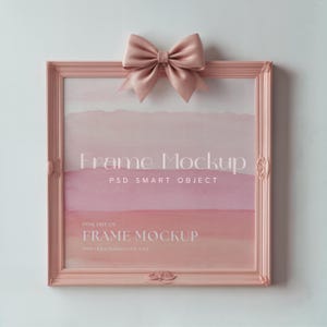Square Frame Mockup with Bow Hanging On The Wall, Elegant Cute Pink Photoshop Mockup for Art Display, Ratio 1:1 Frame Mockup PSD Template
