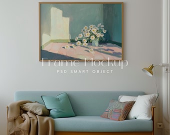 DIN A Horizontal Frame Mockup, Landscape Living Room Scene (PSD)