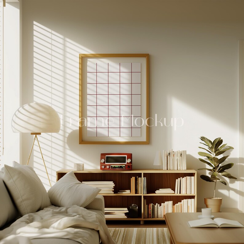 Pode incluir: Um interior de sala de estar com um sof&aacute; branco, uma estante de livros de madeira cheia de livros, um p&ocirc;ster emoldurado, uma l&acirc;mpada e uma planta em vaso.