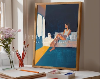 Maqueta de marco de madera vertical, póster DIN A, escena de estudio de arte (PSD)