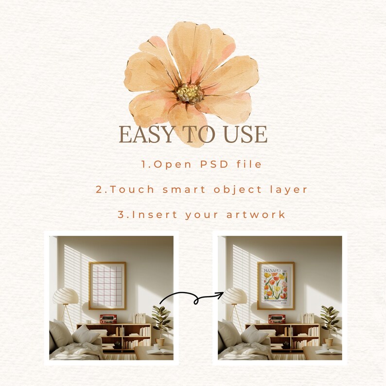 Pode incluir: Uma maquete mostrando como usar um modelo de arte digital. O modelo &eacute; um arquivo PSD com uma camada de objeto inteligente. A imagem mostra uma moldura em branco em um ambiente de sala de estar, e ent&atilde;o a mesma moldura com uma ilustra&ccedil;&atilde;o floral dentro. O texto na imagem diz "EASY TO USE", "1. Open PSD file", "2. Touch smart object layer", "3. Insert your artwork", e "HANAP".
