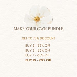 Puede incluir: Una flor blanca con un centro amarillo sobre un fondo blanco con el texto "MAKE YOUR OWN BUNDLE GET TO 70% DISCOUNT BUY 3 - 55% Off BUY 5 - 60% Off BUY 7 - 65% Off BUY 10 - 70% Off".