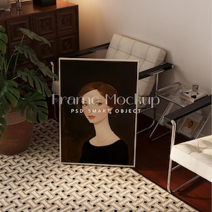 Maqueta de marco de madera delgada / Vista al nivel de los ojos / Colocación en el piso / Escena interior con luz natural / Estilo Boho / Perfecto para arte y exhibición de carteles
