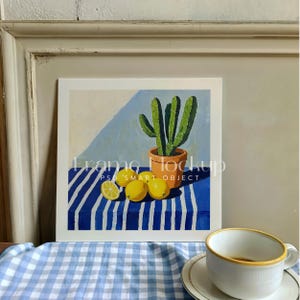 Square Canvas Photoshop Mockup Template for Art Display, 1:1 Poster Close Up Detail Mockup, Retro Maximalist Dinner Table Frame Mockup