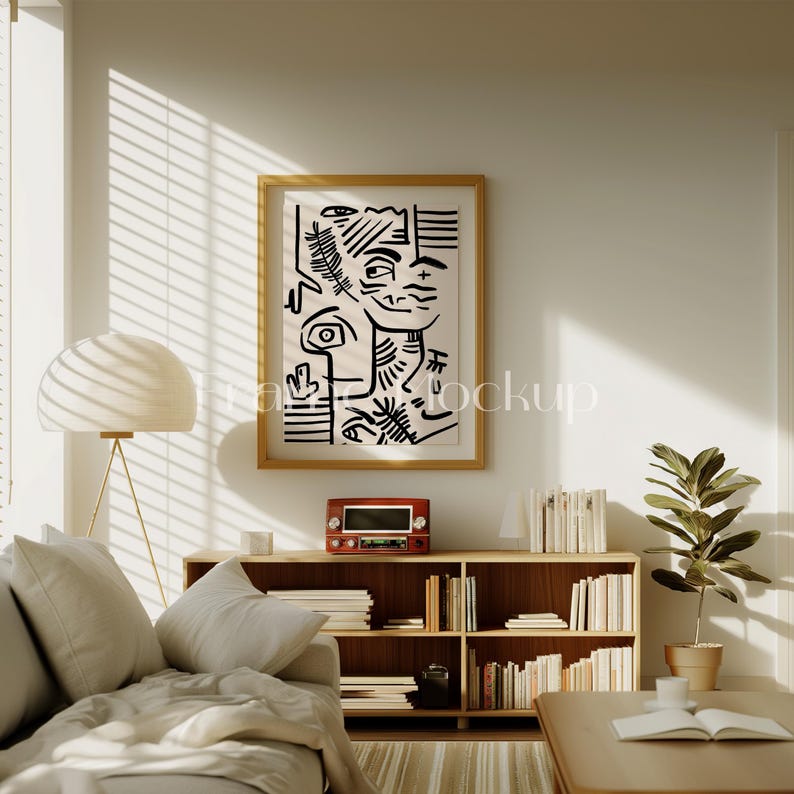 Pode incluir: Uma impress&atilde;o de arte abstrata em preto e branco em uma moldura de madeira pendurada acima de uma estante de livros de madeira cheia de livros. Um sof&aacute; branco com almofadas fica na frente da estante. Uma planta em vaso fica no ch&atilde;o ao lado da estante.