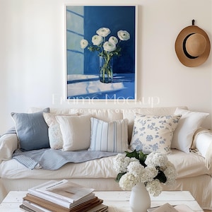 DIN A Elegant Vertical Frame Photoshop Mockup for Art Display, Natural Wood Frame Mockup, Cozy Living Room Scene, Interior Frame Mockup