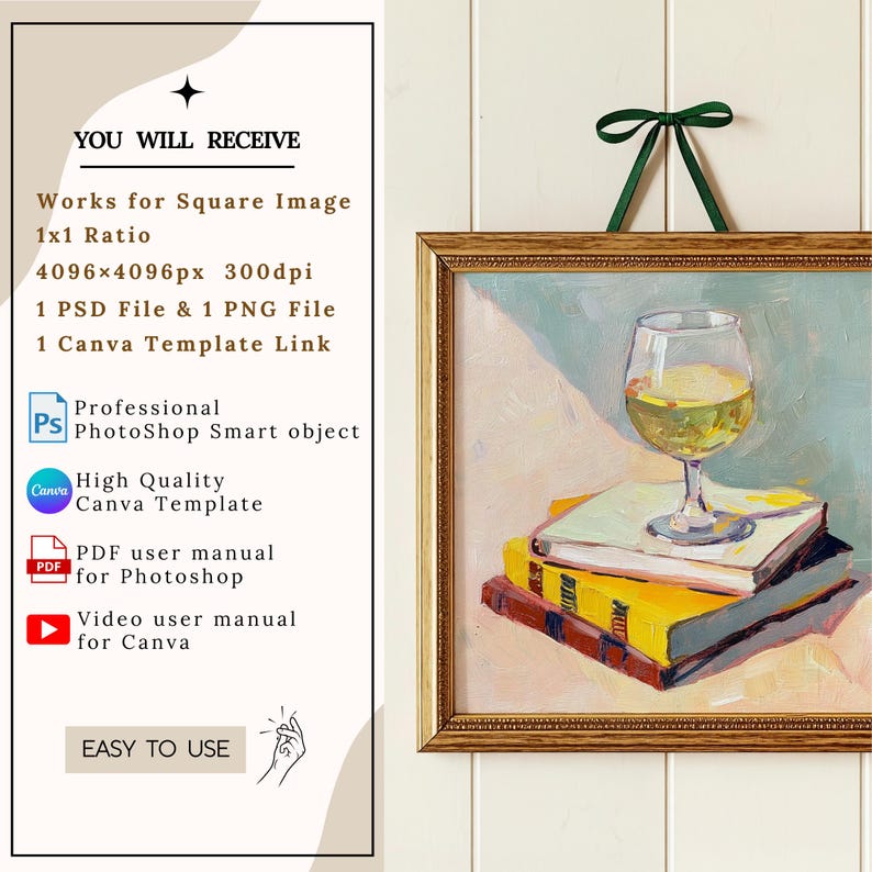 Maqueta de marco cuadrado barroco dorado, estilo vintage (PSD y Canva) imagen 2