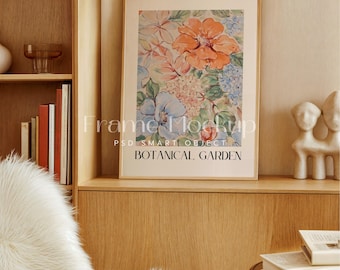 May include: A framed print of a watercolor painting of flowers in a botanical garden. The print is in a light wood frame and has the text "Botanical Garden" at the bottom.
