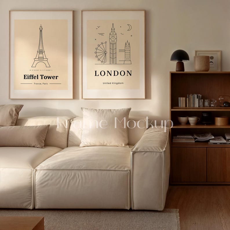 May include: Two framed art prints featuring line drawings of the Eiffel Tower and London landmarks. The Eiffel Tower print includes the text "Eiffel Tower, France, Paris." The London print includes the text "LONDON, United Kingdom."