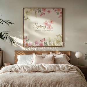 Elegant  Square Frame Mockup Hanging On The Wall, Cozy Bedroom Photoshop Mockup for Art Display, Ratio 1:1 Frame Mockup PSD Template