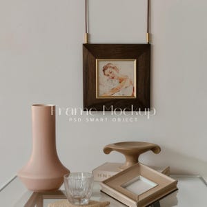 Elegant Square Wooden Frame Mockup Hanging On The Wall, Ratio 1:1 Frame Mockup, Close Up Mockup PSD Template