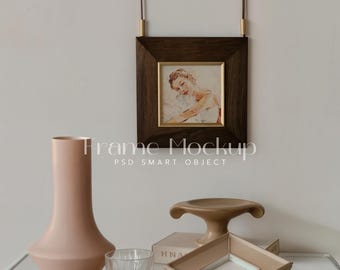 Square Frame Mockup, Wooden, Wall Art Display (PSD)