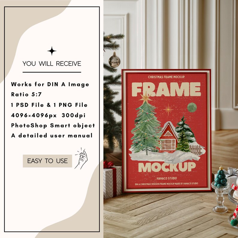 K&ouml;nnte beinhalten: Ein roter Weihnachtsrahmen-Mockup mit einem wei&szlig;en Haus und zwei gr&uuml;nen B&auml;umen. Der Text "FRAME" ist in gro&szlig;en wei&szlig;en Buchstaben und der Text "MOCKUP" ist in wei&szlig;en Buchstaben mit schwarzem Umriss. Der Text "HANACO STUDIO" ist in kleinen wei&szlig;en Buchstaben unter dem Mockup.