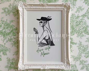 White Baroque Frame Mockup On The Wall, Elegant DIN A ISO Vintage Frame Mockup, Fashion Illustration Design Mockup, Classic Frame Mockup