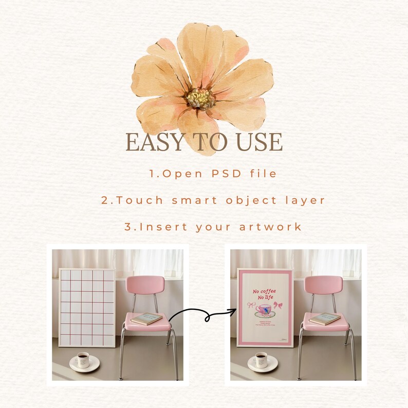 Puede incluir: Una maqueta que muestra c&oacute;mo usar una plantilla digital para crear un p&oacute;ster imprimible. El p&oacute;ster presenta una silla rosa, una taza de caf&eacute; y el texto "No coffee No life".