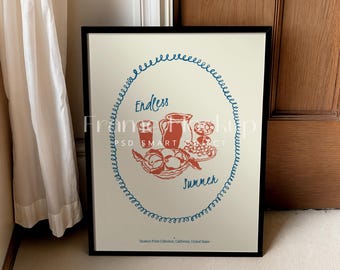 May include: A white framed print with a blue and red illustration of a pitcher, glass, and fruit. The text "Endless Summer" is in red lettering. The print is from the Vacation Print Collection, California, United States.