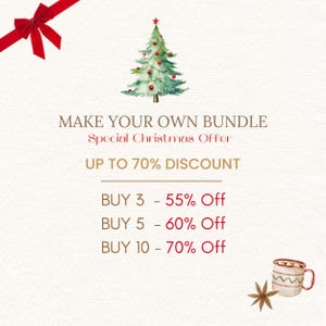 May include: Watercolor illustration with a Christmas theme. A decorated Christmas tree, a red bow, and text that reads "MAKE YOUR OWN BUNDLE Special Christmas Offer UP TO 70% DISCOUNT". Also includes a mug and star anise.