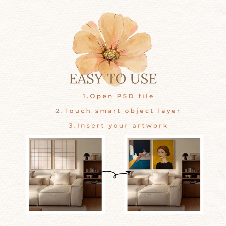 May include: An image with the text "EASY TO USE" and instructions for inserting artwork into a PSD file. The image shows a before and after of a living room with artwork on the wall. A large flower graphic is at the top.
