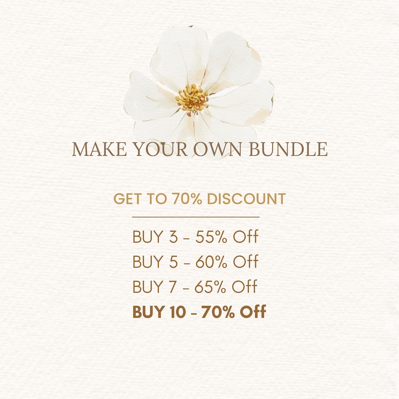 Puede incluir: Una flor blanca con un centro amarillo est&aacute; en la parte superior de la imagen. El texto "MAKE YOUR OWN BUNDLE" est&aacute; en texto marr&oacute;n debajo de la flor. Debajo del texto hay una lista de descuentos para comprar varios art&iacute;culos: "GET TO 70% DISCOUNT", "BUY 3 - 55% Off", "BUY 5 - 60% Off", "BUY 7 - 65% Off", "BUY 10 - 70% Off".