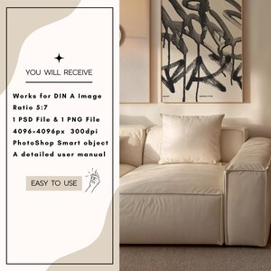 May include: Cream-colored sofa with a square cushion and abstract art prints on the wall. The image includes text that reads "YOU WILL RECEIVE" and details about a PSD and PNG file, including dimensions and resolution.