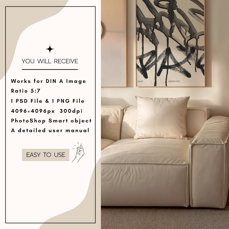 May include: Cream-colored sofa with a square cushion and abstract art prints on the wall. The image includes text that reads "YOU WILL RECEIVE" and details about a PSD and PNG file, including dimensions and resolution.