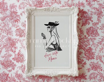 White Baroque Frame Mockup On The Wall, Elegant DIN A ISO Vintage Frame Mockup, Fashion Illustration Design Mockup, Classic Frame Mockup