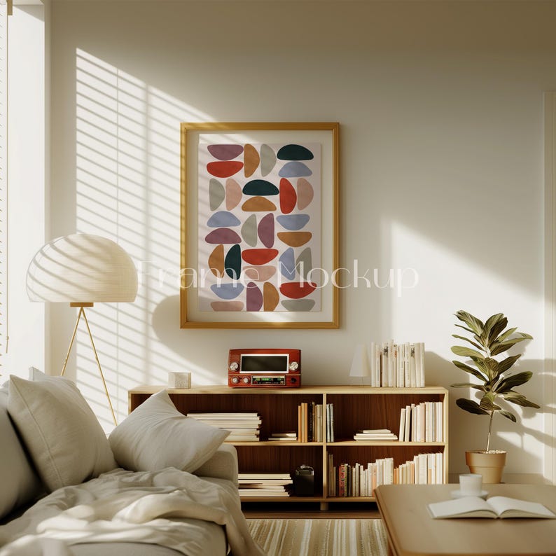Pode incluir: Um interior de sala de estar com um sof&aacute; bege, uma estante de livros de madeira cheia de livros, uma l&acirc;mpada e uma impress&atilde;o de arte abstrata emoldurada com formas geom&eacute;tricas coloridas em uma parede branca.